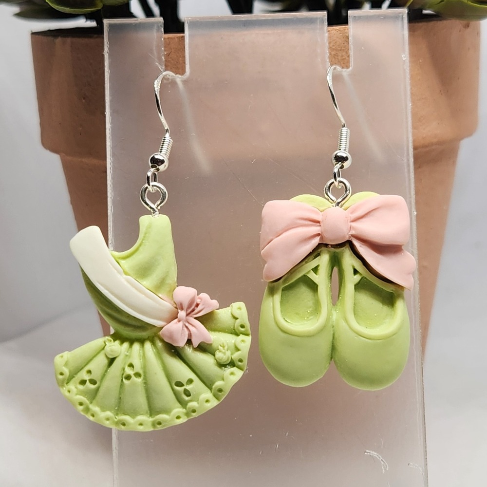 Lime Green Ballet Tutu and Slippers Mismatched Polymer Clay Dangle Earrings Pink